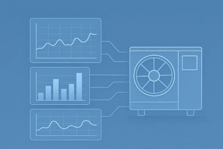 Energiepreis-Diagramm neben einer Luft-Wasser-Wärmepumpe