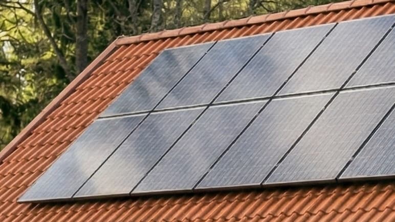 Haus mit Solaranlage auf dem Dach und einer Außeneinheit einer Wärmepumpe